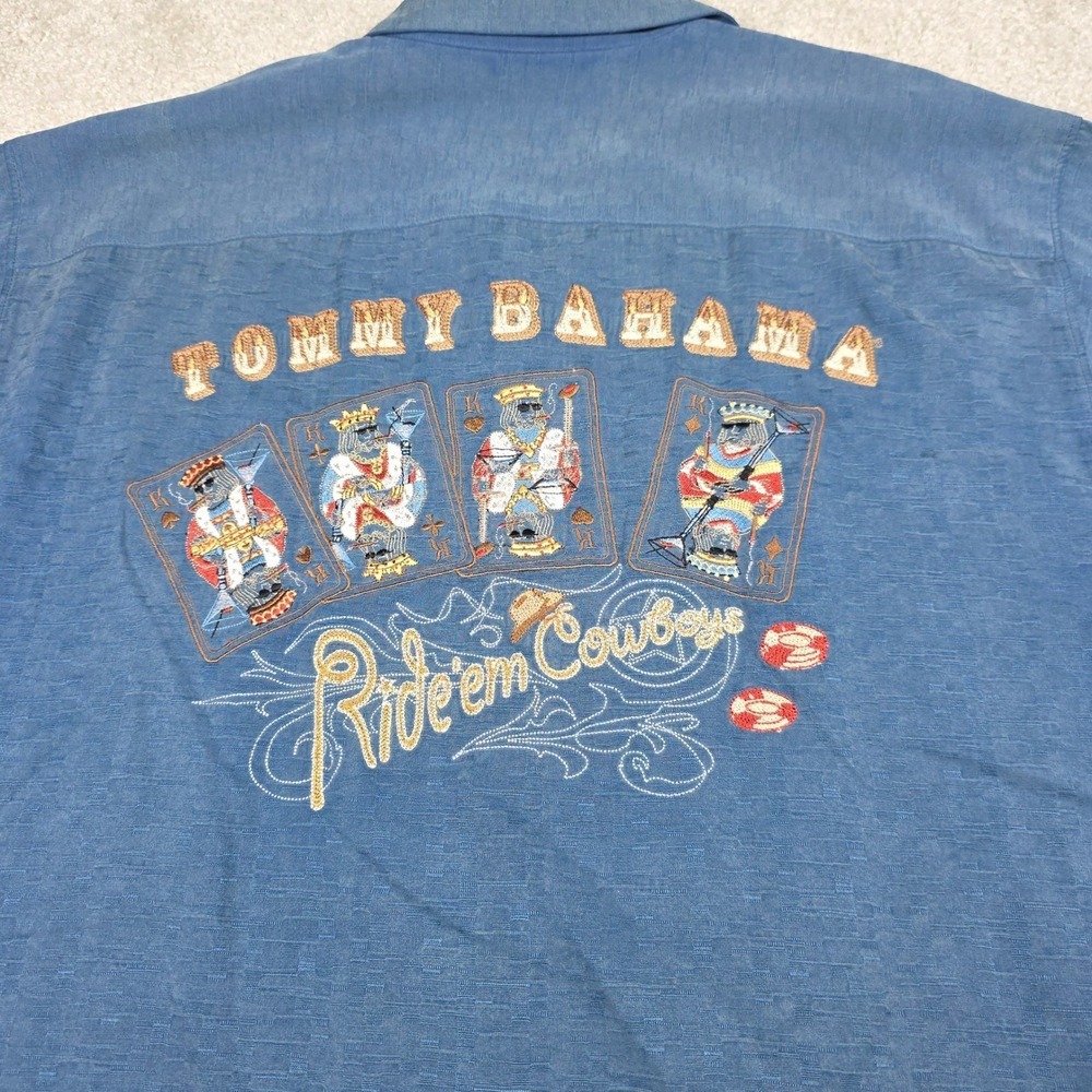 Tommy Bahama Camp Shirt Mens L Blue Ride em Cowboys Poker Silk Relaxed Fit